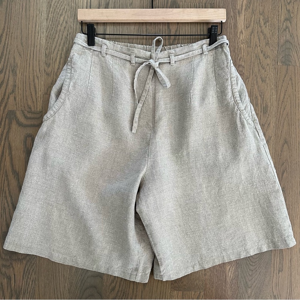 Vintage 100% Linen High-Waisted Textured Shorts in Khaki / Tan Size Large - Picture 1 of 6